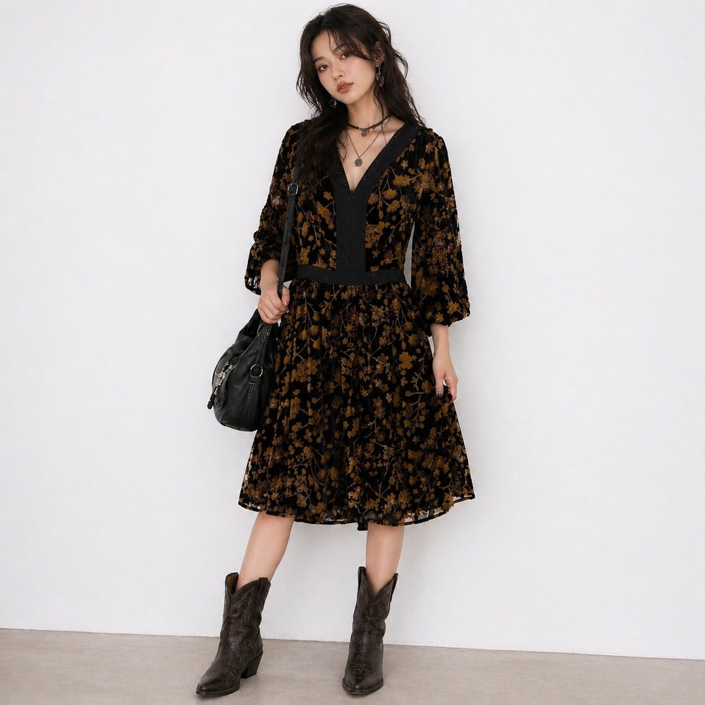 Salt Whimsygoth Midi Dress Women XS Black Gold Burnout Velvet Eyelet Bell Sleeve